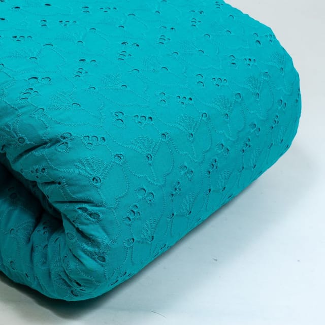 Firozi Colour Cotton Chikan Embroidered Fabric