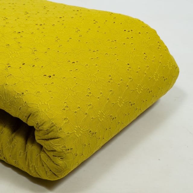 Lime green  Colour Cotton Chikan Embroidered Fabric
