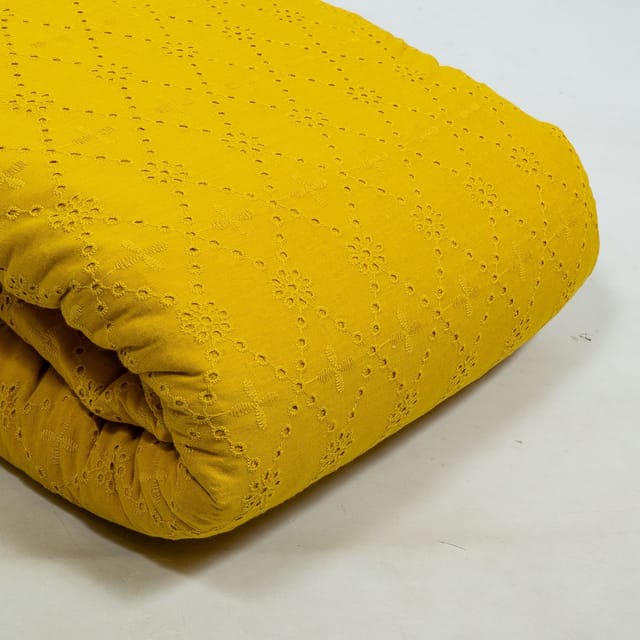 Mustard Colour Cotton Chikan Embroidered Fabric