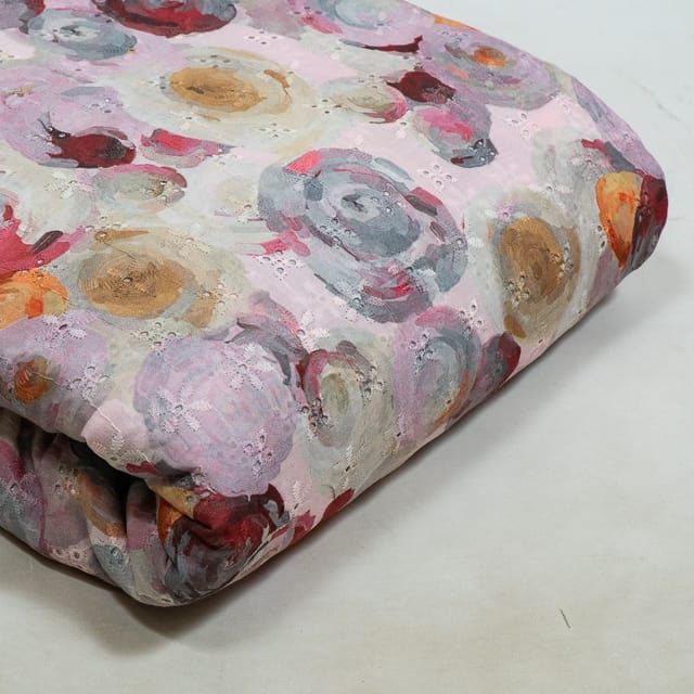 Multi Colour Cotton Chikan Floral Printed Fabric