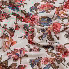 White Colour Cotton Chikan Floral Printed Fabric