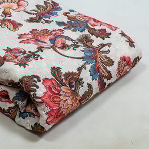 White Colour Cotton Chikan Floral Printed Fabric
