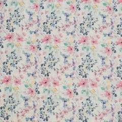 White Colour Cotton Chikan Floral Printed Fabric