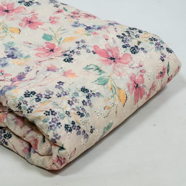 White Colour Cotton Chikan Floral Printed Fabric