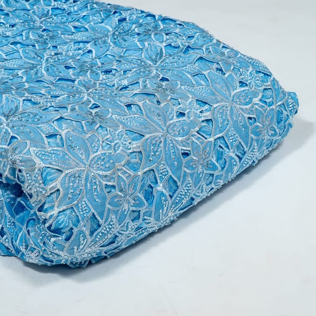 Sky Blue Colour Crepe Cutwork Fabric