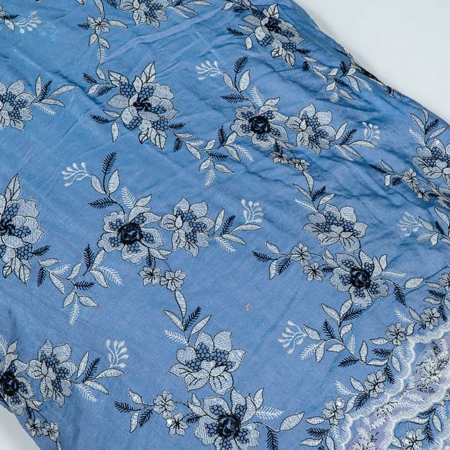 Blue Colour Denim Embroidered Fabric