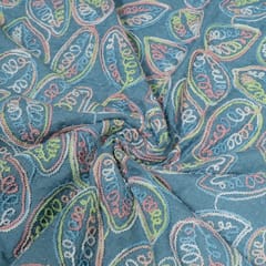 Blue Colour Denim Embroidered Fabric