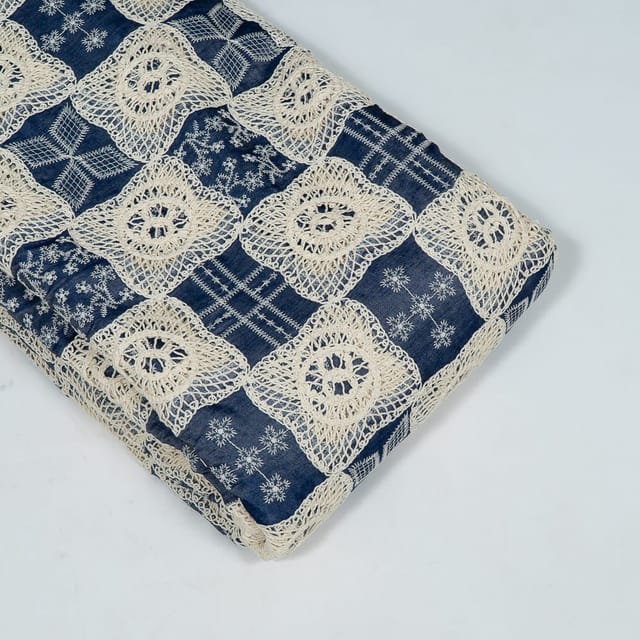 Blue Colour Denim Cutwork Embroidered Fabric