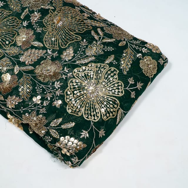Bottle Green Colour Georgette Embroidered Fabric