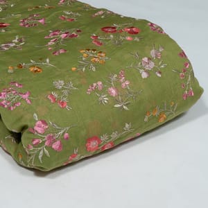 Green Colour Mal Chanderi Embroidered Fabric
