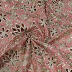 Pink Colour Tissue Crepe Cutwork Fabric