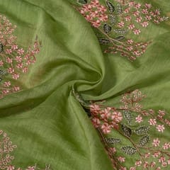 Green Colour Mal Chanderi Embroidered Fabric
