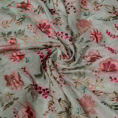 Green Colour Mal Chanderi Embroidered Fabric