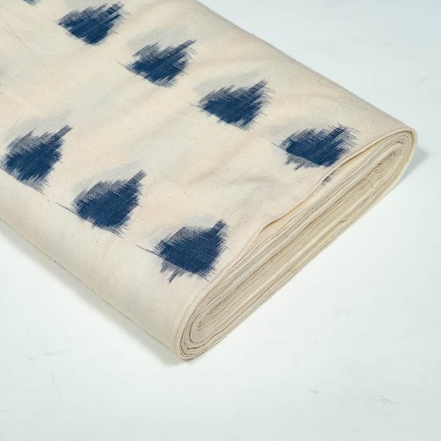 Cream and Blue Colour Cotton Ikat Fabric