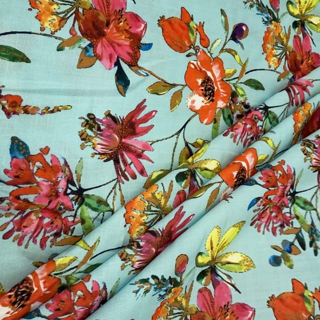 Sea Green Colour Linen Cotton Digital Printed Fabric