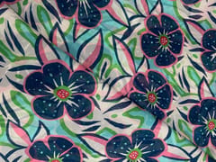 White & Blue Floral Viscose Organza Fabric