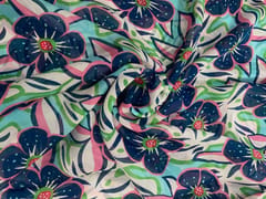 White & Blue Floral Viscose Organza Fabric