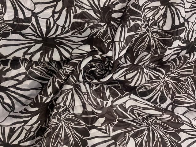Dark Brown & White Abstract Viscose Organza Fabric