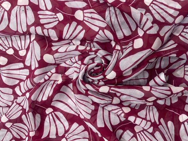 Wine & White Abstract Viscose Organza Fabric
