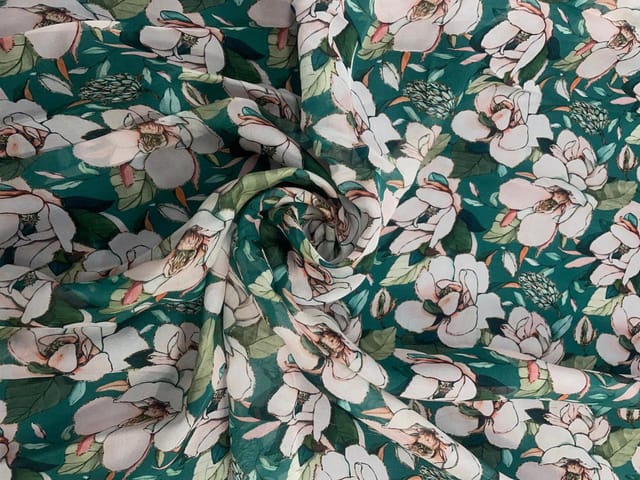 Rama Green & White Floral Viscose Organza Fabric
