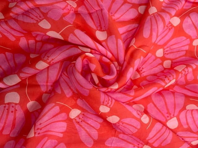 Orange Pink Floral Viscose Organza Fabric