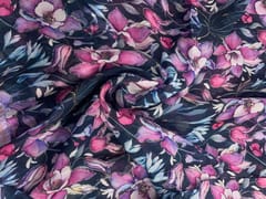 Navy Blue Floral Viscose Organza Fabric