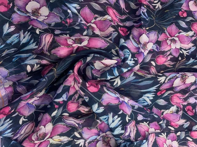 Navy Blue Floral Viscose Organza Fabric