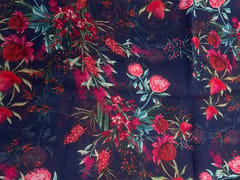Navy Blue & Red Floral Viscose Organza Fabric