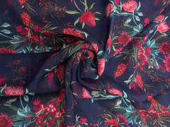 Navy Blue & Red Floral Viscose Organza Fabric