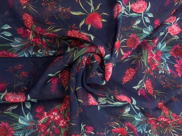 Navy Blue & Red Floral Viscose Organza Fabric