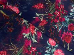 Navy Blue & Red Floral Viscose Organza Fabric