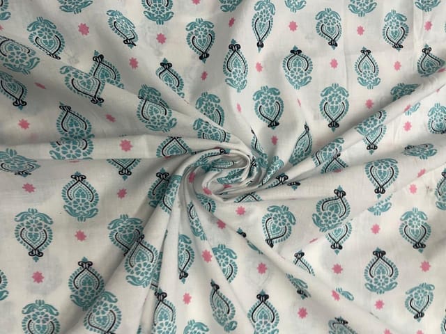 Sky Blue & White Abstract Cotton Fabric