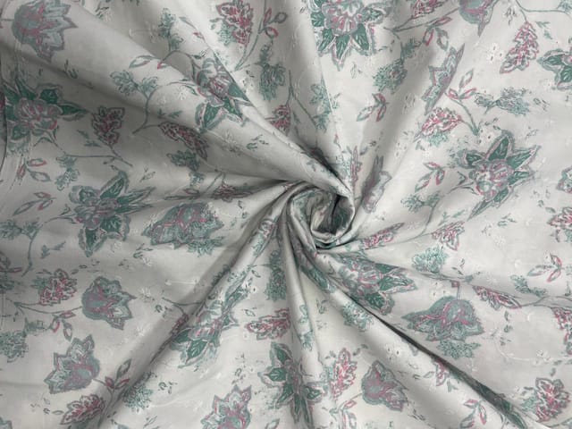 Sea Green Floral Cotton Hakoba Chikan Fabric