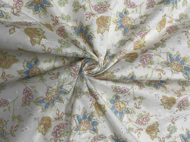 Yellow White Floral Cotton Hakoba Chikan Fabric