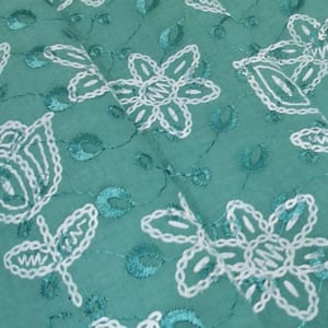 Peacock Green  Cotton Chikan Fabric with White Tulip & Daisy Embroidery