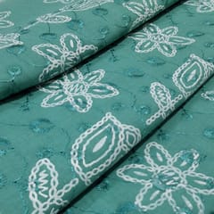 Peacock Green  Cotton Chikan Fabric with White Tulip & Daisy Embroidery