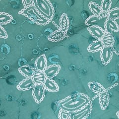 Peacock Green  Cotton Chikan Fabric with White Tulip & Daisy Embroidery