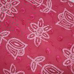 Bright Pink Cotton Chikan Fabric with White Tulip & Daisy Embroidery