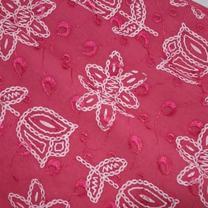 Bright Pink Cotton Chikan Fabric with White Tulip & Daisy Embroidery