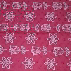Bright Pink Cotton Chikan Fabric with White Tulip & Daisy Embroidery
