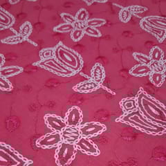Bright Pink Cotton Chikan Fabric with White Tulip & Daisy Embroidery