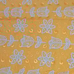 Mango Yellow Cotton Chikan Fabric with White Tulip & Daisy Embroidery