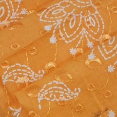 Mango Yellow Cotton Chikan Fabric with White Tulip & Daisy Embroidery