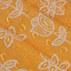 Mango Yellow Cotton Chikan Fabric with White Tulip & Daisy Embroidery