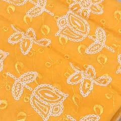 Mango Yellow Cotton Chikan Fabric with White Tulip & Daisy Embroidery