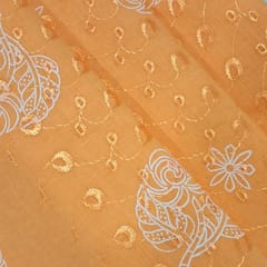 Manago Yellow Cotton Chikan Fabric with White Leaf & Floral Embroidery