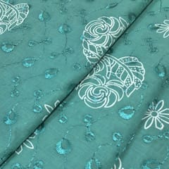 Peacock Green Cotton Chikan Fabric with White Leaf & Floral Embroidery