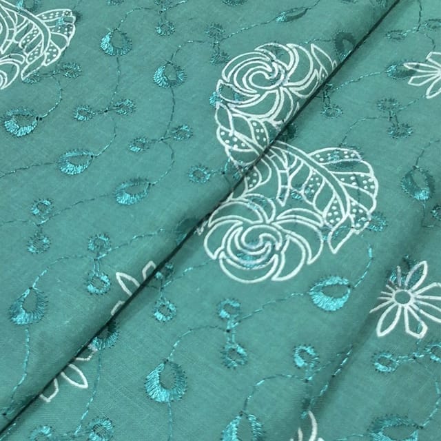 Peacock Green Cotton Chikan Fabric with White Leaf & Floral Embroidery