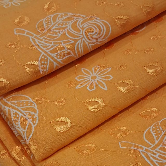 Manago Yellow Cotton Chikan Fabric with White Leaf & Floral Embroidery
