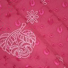 Bright Pink Cotton Chikan Fabric with White Leaf & Floral Embroidery